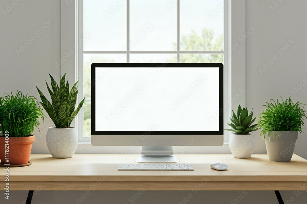Poster a computer monitor with a blank screen centered on a desk between two potted plants, in front of a w