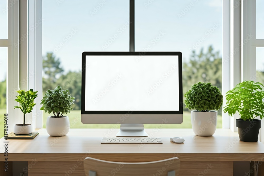 Aufkleber computer on desk with blank screen, flanked by potted plants, in front of a window with a view of gr