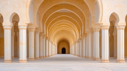 Fototapeta premium Serene Architectural Arches in Light Beige Stone with Shadowed Passageway