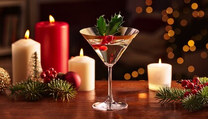 a martini glass with a garnish of holly berries sits on a table with candles