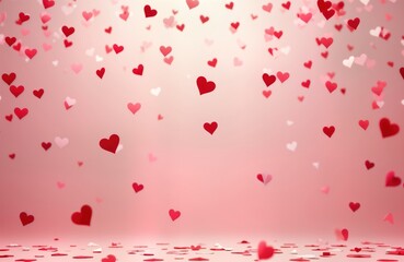 Romantic pink background with many flying hearts. Soft focus effect creates gentle atmosphere. Perfect for Valentine Day greeting cards romantic party. Paper cut heart shapes falling down. Love