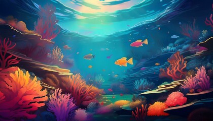 a colorful underwater scene with fish swimming in the water