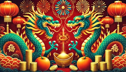 Fototapeta premium A festive Chinese New Year background in vibrant red tones featuring two majestic green and blue dragons facing each other, each holding a gold ingot .