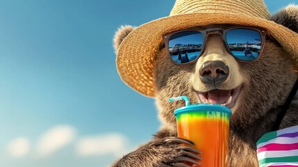 Bear wearing sunglasses and straw hat enjoying a colorful drink on a sunny day