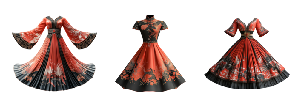 Elegant Red Floral Dress in Various Angles