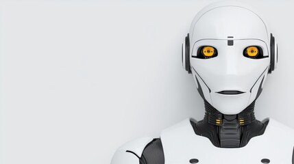 Futuristic humanoid robot with expressive eyes on a minimalist background
