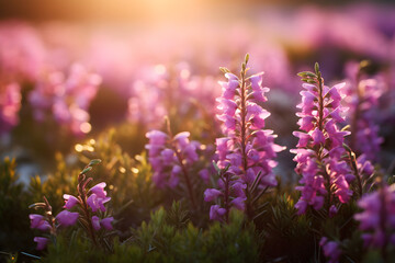 Naklejka premium Morning Dew on Delicate Blooms of Heather Flowers: A Symbol of Scottish Wilderness