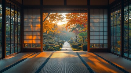 Fototapeta premium Autumn Sunlight Illuminates Japanese Garden Through Shoji Doors