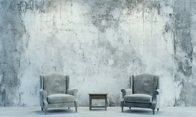 Two armchairs and a small table against a textured wall.