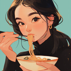woman eating noodles