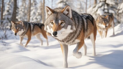 Fototapeta premium A pack of wolves traversing a snowy forest landscape.