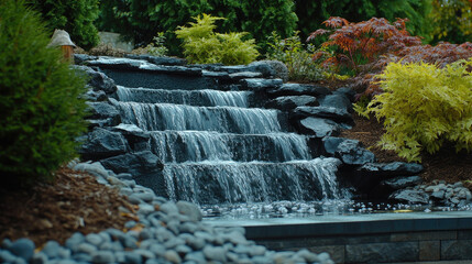 Elegant Waterfall in Serene Garden Landscape with Vibrant Foliage