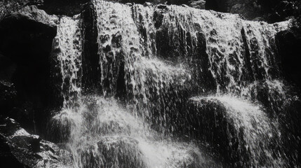 Black and White Waterfall Cascade Flowing Over Rocks in Nature Scene
