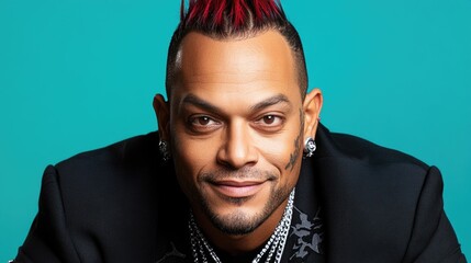 Obraz premium Smiling african american male adult with red mohawk and piercings against teal background