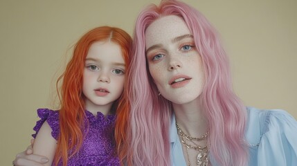 Caucasian female duo with vibrant hair: young woman and child portrait