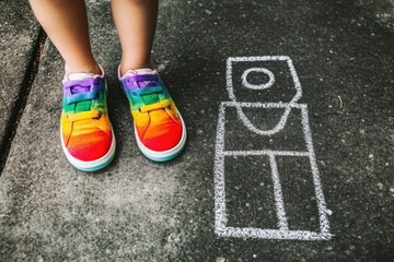 Colorful sneakers and chalk hopscotch on pavement