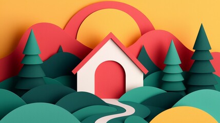 Fototapeta premium Vibrant Paper Art Landscape with House, Trees, and Colorful Hills and Sun