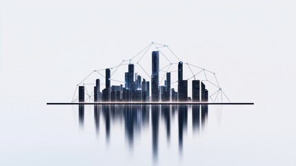 Obraz premium Futuristic city skyline with a digital network overlay.