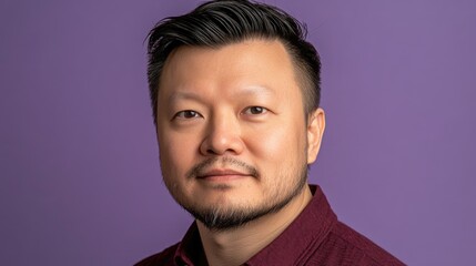 Obraz premium Asian male adult with beard in red shirt against purple background