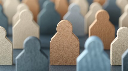 Obraz premium Diverse Wooden Figures in Row Representing Individuality and Community Engagement