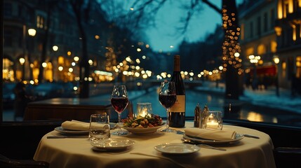 Romantic dinner for two at a restaurant overlooking a snowy city street at night.