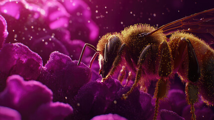 Close-up of a Bee Collecting Pollen from Vibrant Purple Flowers