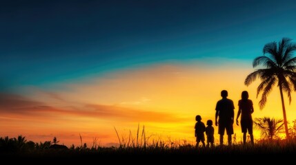 Fototapeta premium Silhouetted family at sunset: parents and children enjoy a tropical evening scene