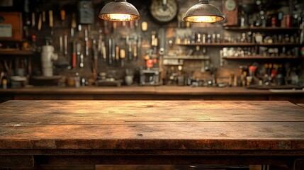 Rustic wooden workbench in vintage workshop.