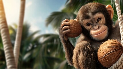 Obraz premium Young chimpanzee playing with coconuts in tropical jungle setting