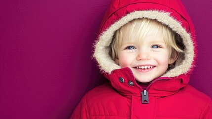 Smiling caucasian child in red winter coat against purple background