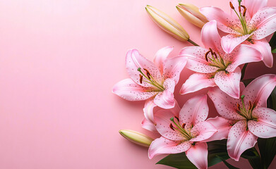 Elegant close-up of pink lilies with delicate petals over a soft pink background, ideal for floral themes, wellness promotions, and spring events like Mother's Day.