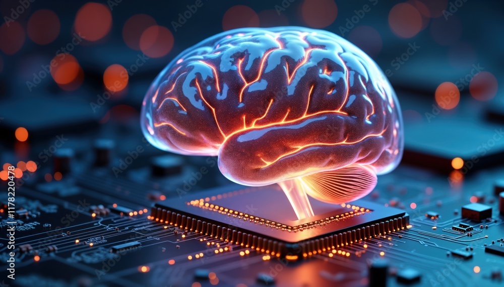 Poster Futuristic concept of human brain merging with tech. Glowing brain sits atop computer chip. Represents fusion of human intelligence, machine learning. Data processing, tech evolution. Digital brain