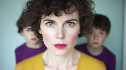 Obraz premium Caucasian woman with curly hair and two children in background - focus on front female adult