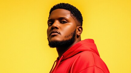 Obraz premium Confident african male adult in red hoodie against yellow background