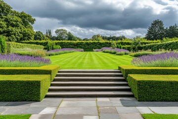 The garden features stunning landscaping, showcasing meticulously trimmed hedges and vibrant lavender plants, all set against a dramatic, cloudy sky