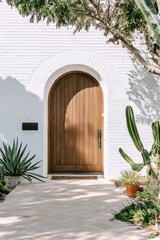 Bright entryway with a wooden door surrounded by green plants and cacti, featuring a modern design in a sunny outdoor setting