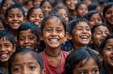Fototapeta premium Indian children happy, laughing together outdoors. Group of young students smiling broadly. Look cheerful, enjoying time together. Group portrait of kids in school uniforms. Children show joy,