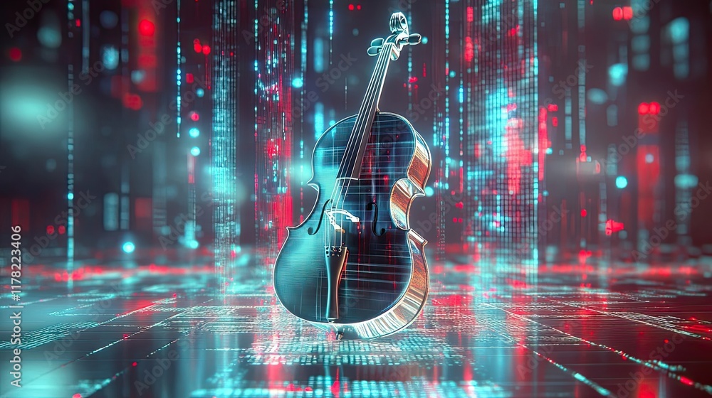 Poster digital cello in a futuristic data stream