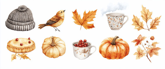 Autumn watercolor elements hat, bird, leaves, tea, pie, pumpkins, berries.