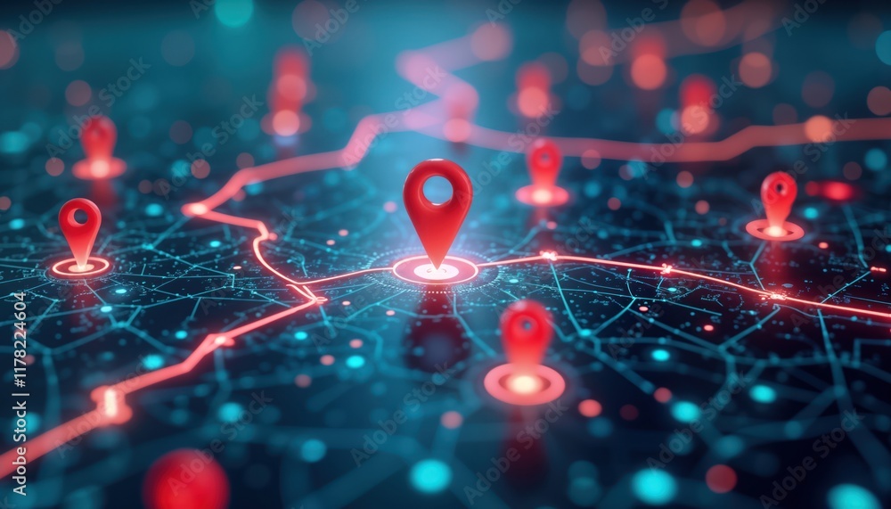Poster digital map shows future transport logistics. ai, gps pinpoint locations. networked routes highlight
