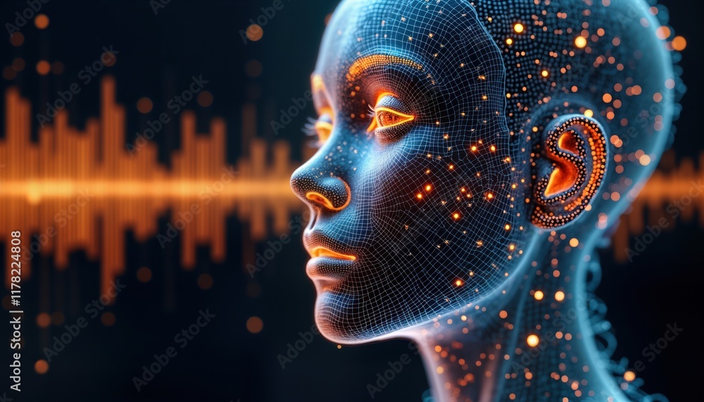 Poster Virtual assistant generates voice as sound wave visualization. AI-based virtual assistant shows human face in wireframe style with glowing orange data points. Sound waves visible in background.