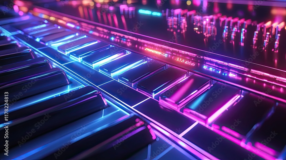 Poster neon lit synth keyboard keys glowing brightly