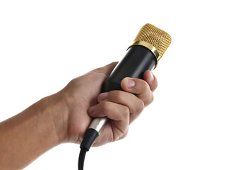 Man with microphone on white background, closeup