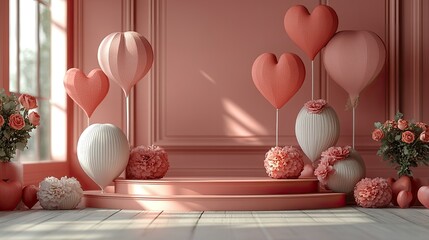 Pink studio backdrop with heart balloons, flowers, and platform for Valentine's Day displays