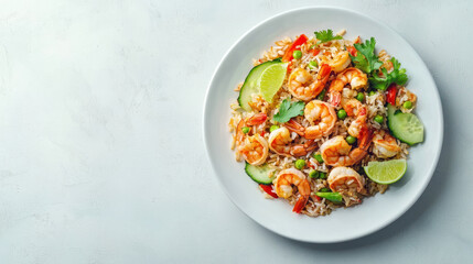 A Delicious Thai shrimp fried rice with fresh vegetables and herbs