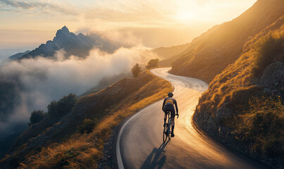Cyclist riding winding mountain road at sunset.
