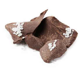 Pieces of chocolate with salt isolated on white