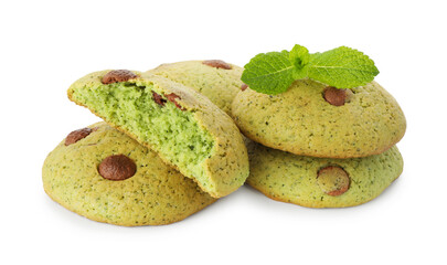 Delicious mint chocolate chip cookies isolated on white