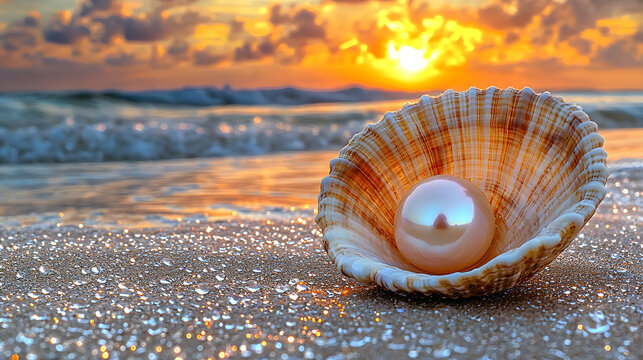 A pearl is sitting on the sand at the beach