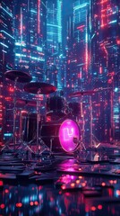 Neon Cityscape Drum Kit Backdrop Musical Scene